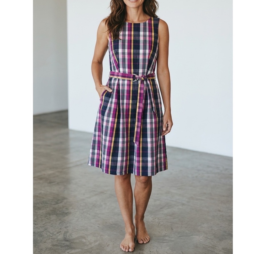 Anne Klein Womens Plaid Sleeveless Fit Flare Belted Dress Magenta Navy Yellow 12 - Picture 1 of 13
